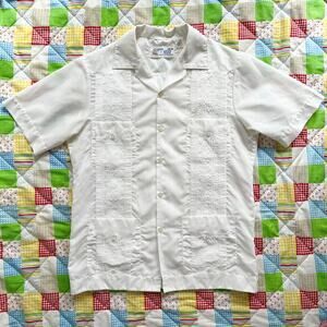 Vintage 70s White Guayabera Shirt Short Sleeve Mexican //‎ Size Medium